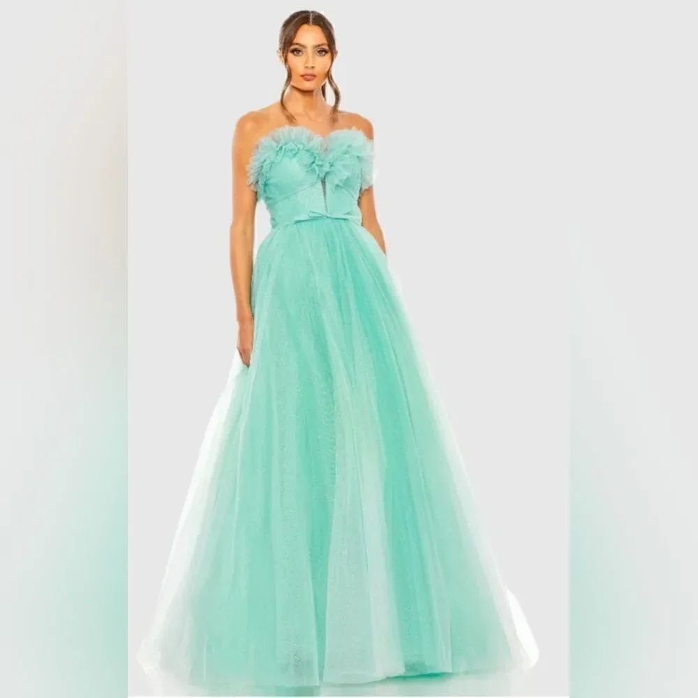 Mac Duggal 20555 Strapless Glitter Tulle Gown NWT size 4 Aqua Blue/Green